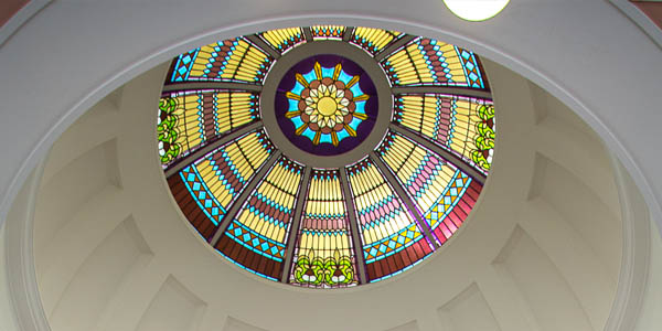 Upwards view of the stained glass cupola
