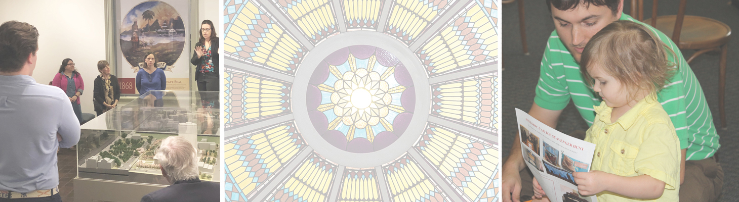 Three-panel image with groups in Museam and View of Capitol Dome